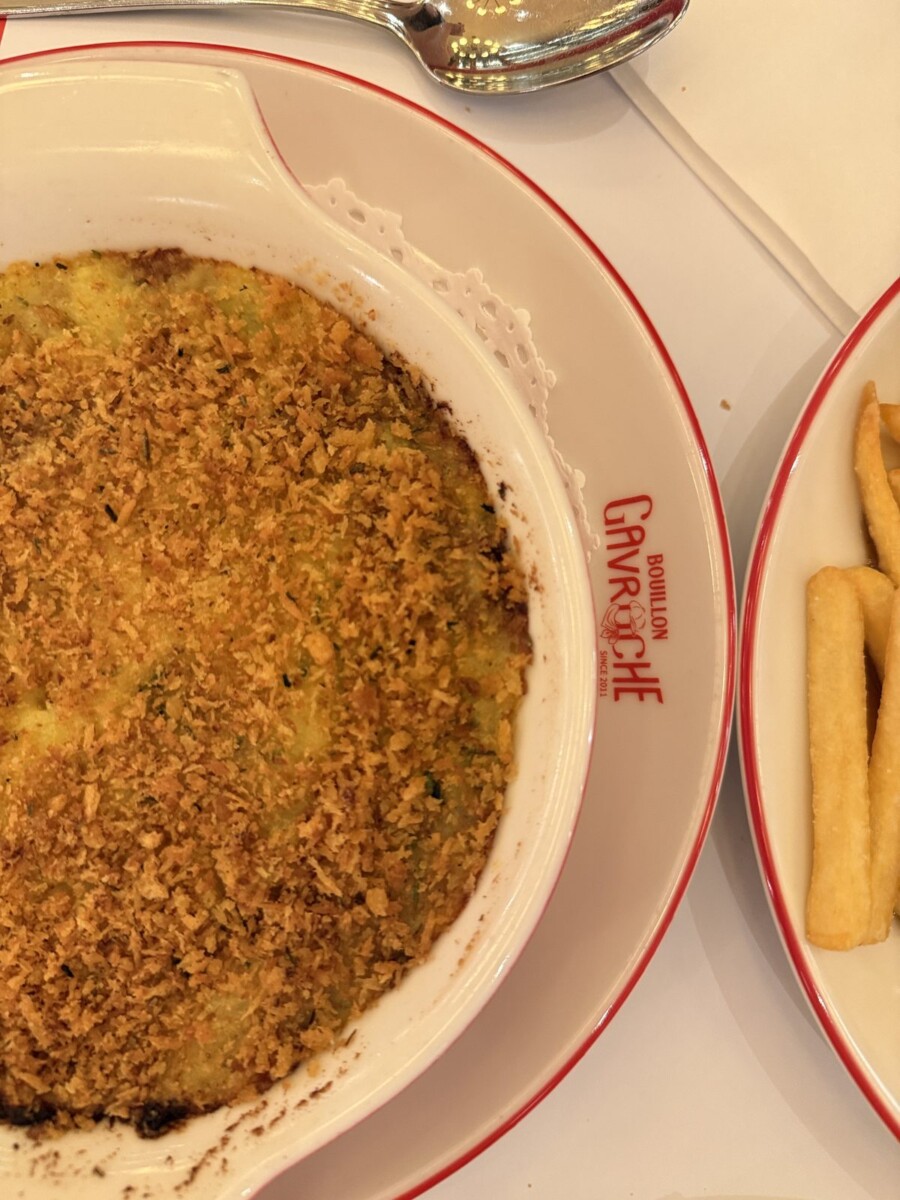 Parmentier de canard with a golden breadcrumb crust, seen from above