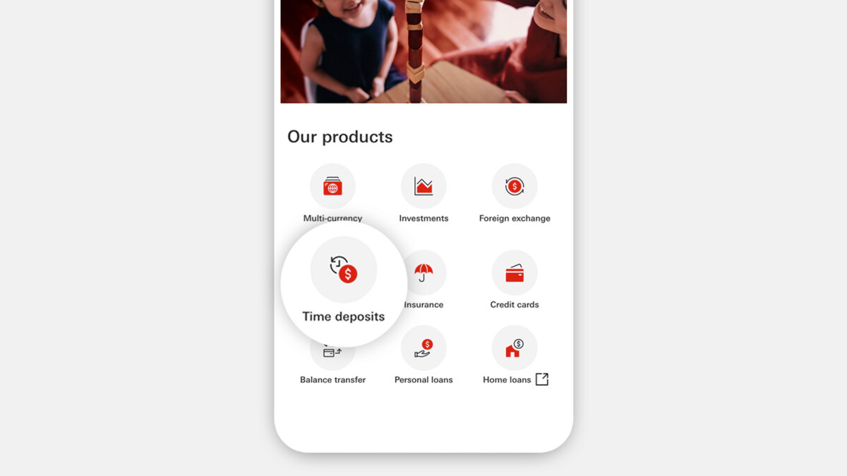 HSBC Singapore app products screen highlighting Time deposits