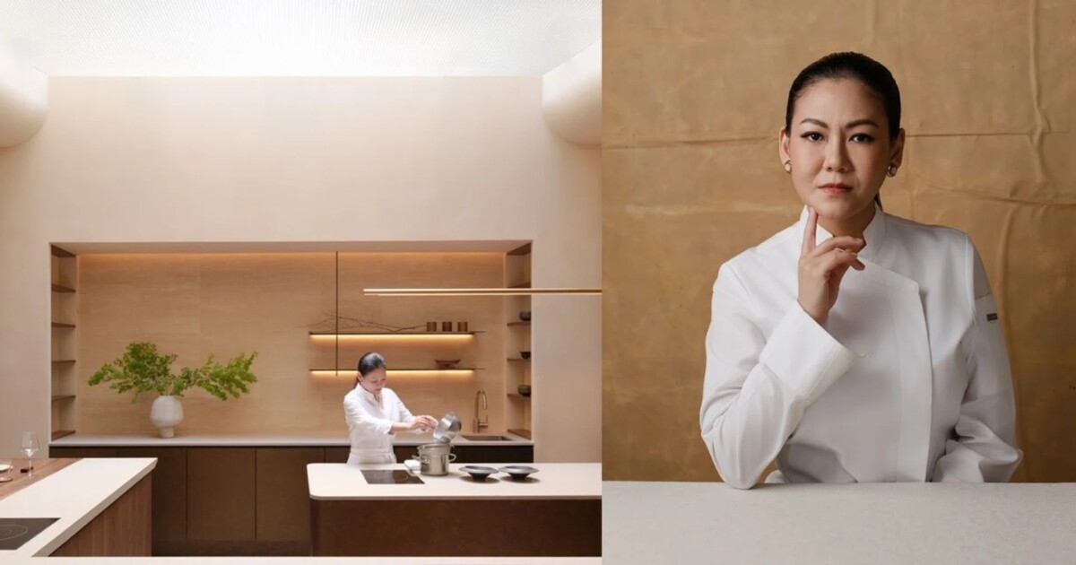 Dining room at Árō restaurant on Mohamed Sultan Road with wood and rattan interiors