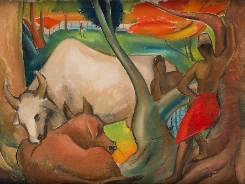Cheong Soo Pieng. Indian Men with Two Cows. 1949. Oil on canvas, 75.3 × 104.5 cm. Gift of the Loke Wan Tho Collection. Collection of National Gallery Singapore