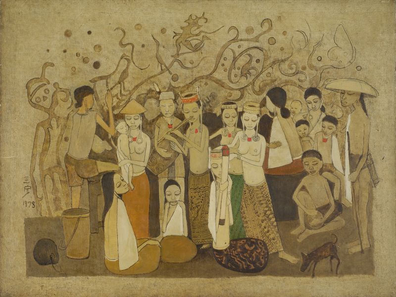 Cheong Soo Pieng. Life in Longhouse. 1978. Oil on canvas, 93 × 122 × 3 cm. Collection of National Gallery Singapore.