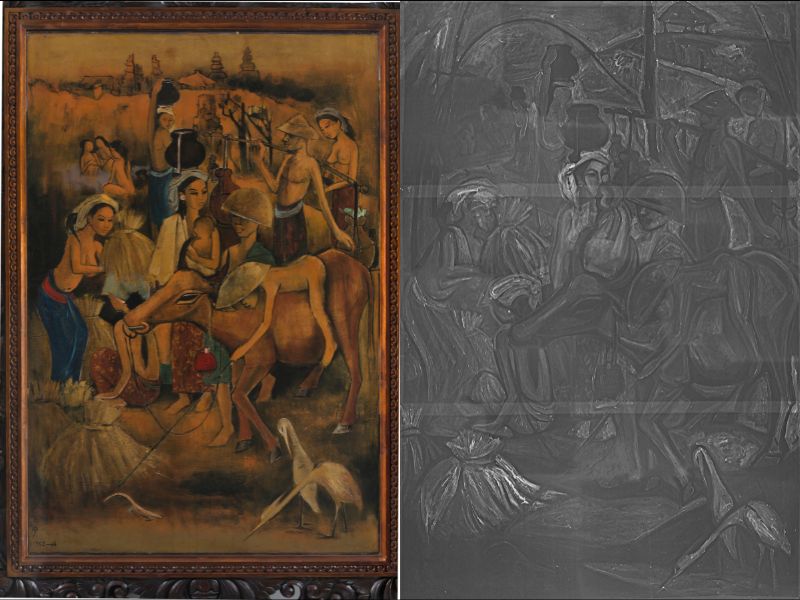(Left) Cheong Soo Pieng. In a Balinese Village. 1953, 1952–-64. Oil on canvas, marouflaged on hardboard, 195 × 131 cm. Private Collection. © Family of Cheong Soo Pieng. (Right) X-ray image of In a Balinese Village. Image courtesy of Singapore General Hospital, BARC Labs, Mr Koh Seow Chuan and National Gallery Singapore.