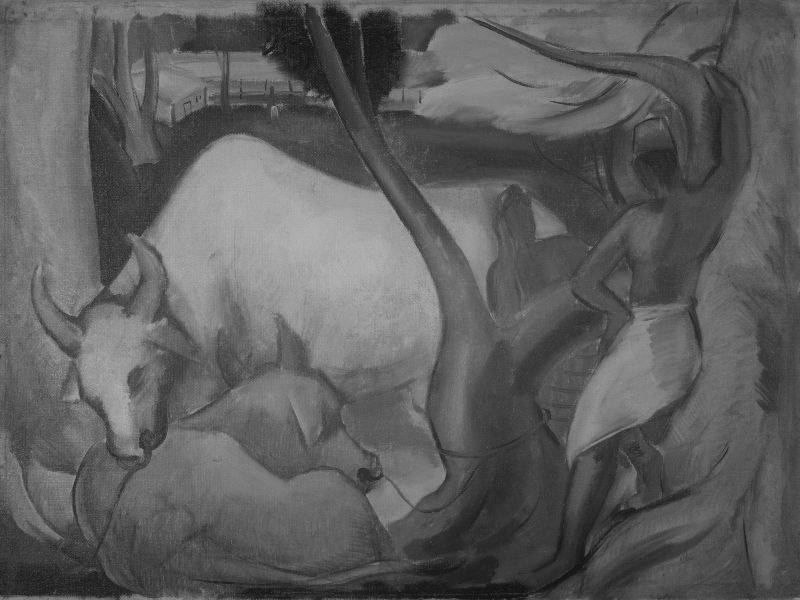 Transmitted infrared image of Indian Men with Two Cows. Image courtesy of BARC Labs, the Heritage Conservation Centre (a division of the National Heritage Board, Singapore) and National Gallery Singapore.