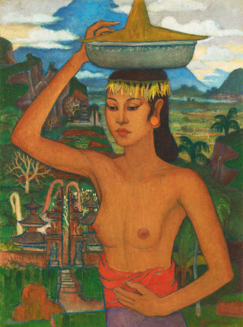 Theo Meier, Nyoman Lumbang with Offeringoil on panel, 64 x 48 cm, 1944 Est: SG$90,000 - 120,000 / US$67,000 - 895,000 Theo Meier’s magnificent Nyoman Lumbang with Offering is a masterwork by the Swiss artist that celebrates the beauty of Balinese women and landscape, the island was the artist’s paradise for 20 years. A keen admirer of Paul Gauguin’s artworks, who sought to emulate the Post-Impressionist painter’s nomadic spirit as an artist-adventurer, Meier travelled to the places that Gauguin had visited, and arrived on Bali in 1935. Nyoman Lumbang with Offering is striking for the stature of the artist’s muse, Nyoman Lumbang, who dominates the picture plane as she carries a temple on her head against a backdrop of Bali’s tropical lush greenery, towering volcanoes, and temple structures. Meier’s composition bears striking similarity to Leonardo da Vinci’s Mona Lisa, as the sitter’s three-quarter profile is set against a tropical, semi-imagined landscape painted with immense detail.