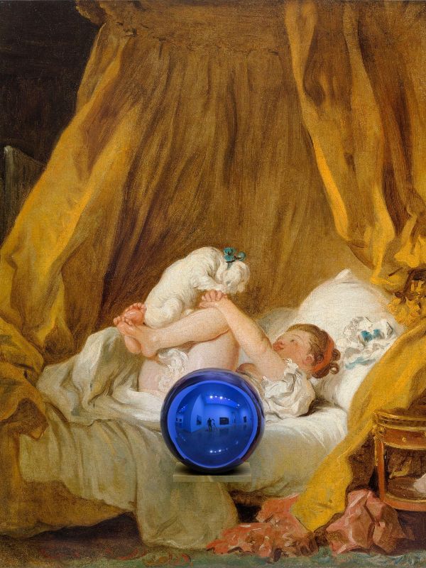 Jeff Koons, Gazing Ball (Fragonard Young Girl Playing With HerDog), oil on canvas, glass and aluminium, 174 x 136.5 x 37.5 cm, 2014-2015. Est: SG$550,000 - 860,000 / US$409,000 - 640,000 The iconic Gazing Ball series triggered questions about dialogues between artworks and their viewers, as they look at the mirrored surface juxtaposed against re-adaptation of a Fragonard masterpiece.