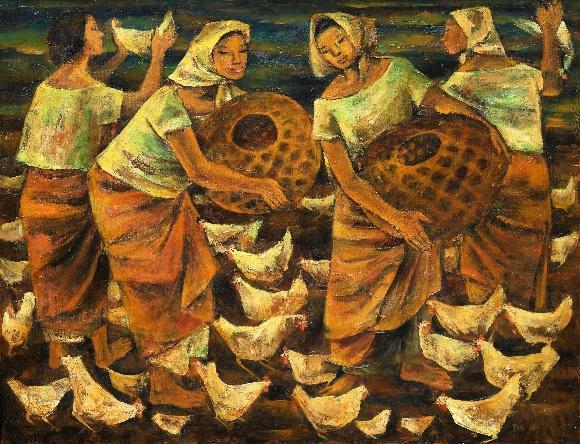 Anita Magsaysay-Ho, Paghuhuli Ng Mga Manok (Catching Chickens) oil on canvas, 102 x 132 cm, 1962
