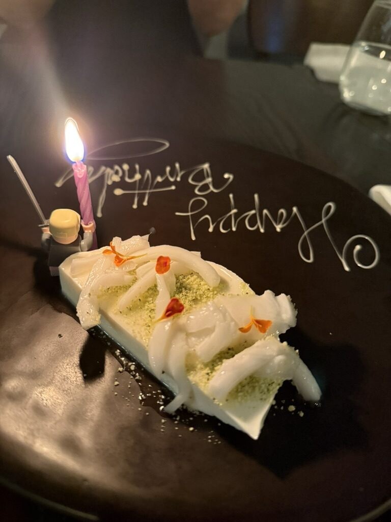 Coconut panna cotta with white chocolate-mint crumble and birthday plating at 808 Eating House