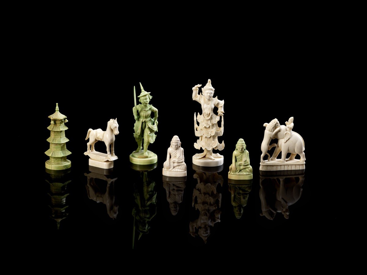 Chess set with Thai aristocrats: Thailand, 19th century, Ivory, Asian Civilisations Museum