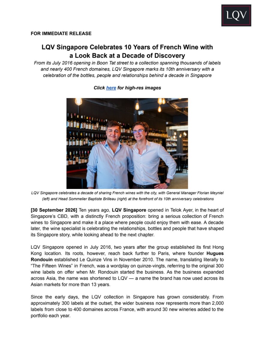 Florian Meyniel, General Manager of LQV Singapore, is helping shape the wine bar's next chapter as it marks 10 years in the city