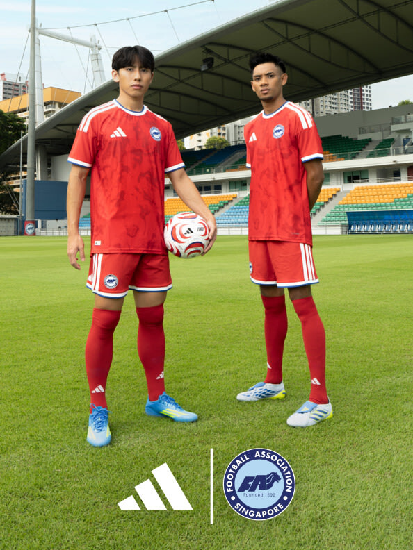 Players modelling the Singapore Lions Adidas home kit 2026