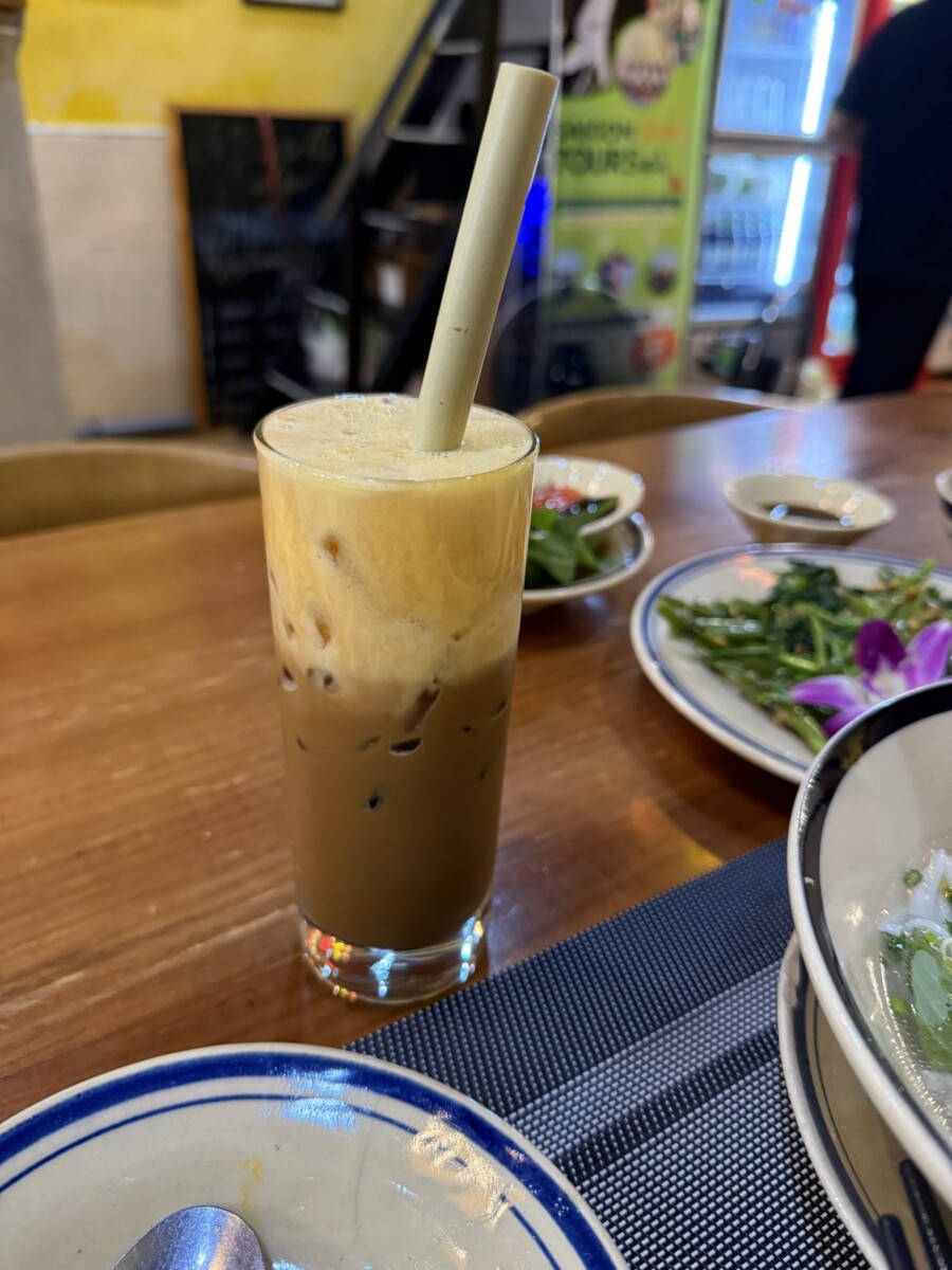 Vietnamese egg coffee at A Taste of Saigon with creamy foam layer on top and darker coffee underneath