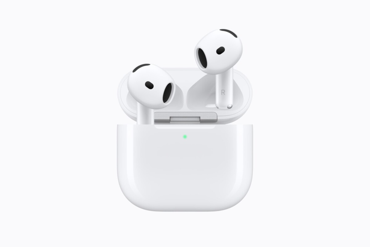 AirPods 5 earbuds and charging case on white background