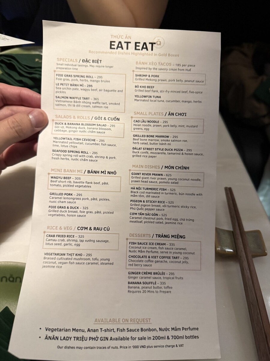 Anan Saigon EAT EAT menu with recommended dishes highlighted in gold boxes