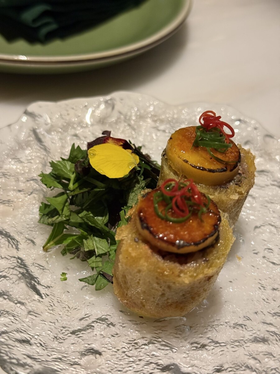 Foie Gras and Duck Mini Banh Mi at Anan Saigon, two pieces of crispy baguette topped with seared foie gras