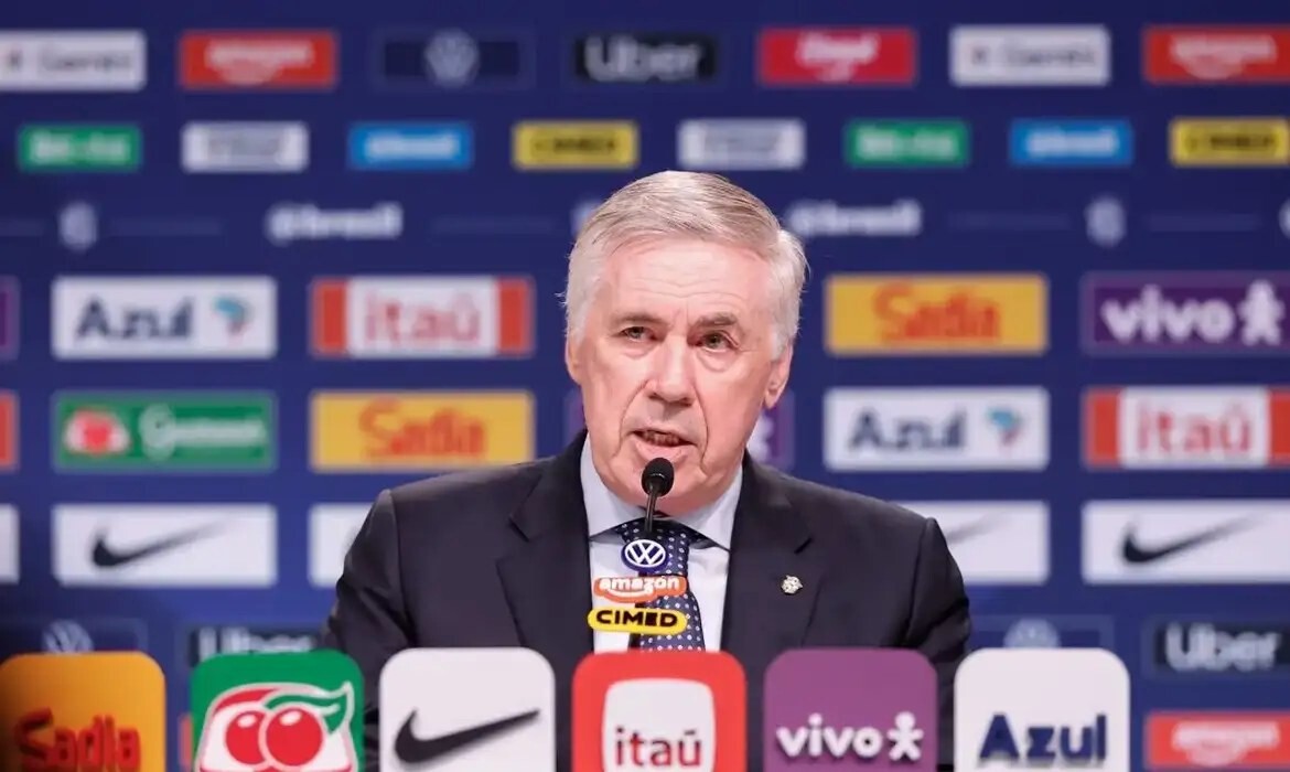 Carlo Ancelotti speaks at the CBF press conference naming Brazil's squad for Japan and Singapore