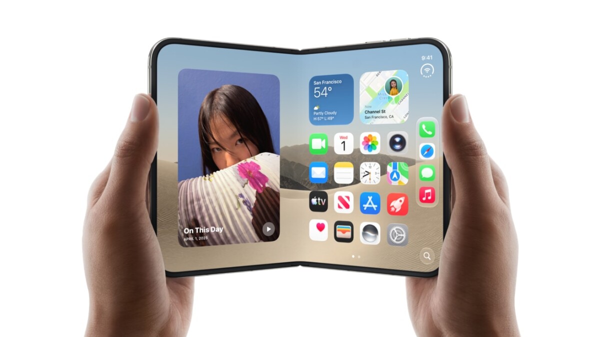 Apple iPhone Duo held open in two hands showing the inner display home screen