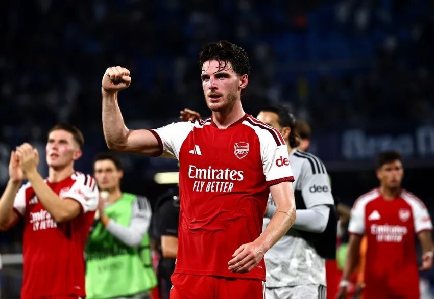 Declan Rice celebrates Arsenal win in Naples