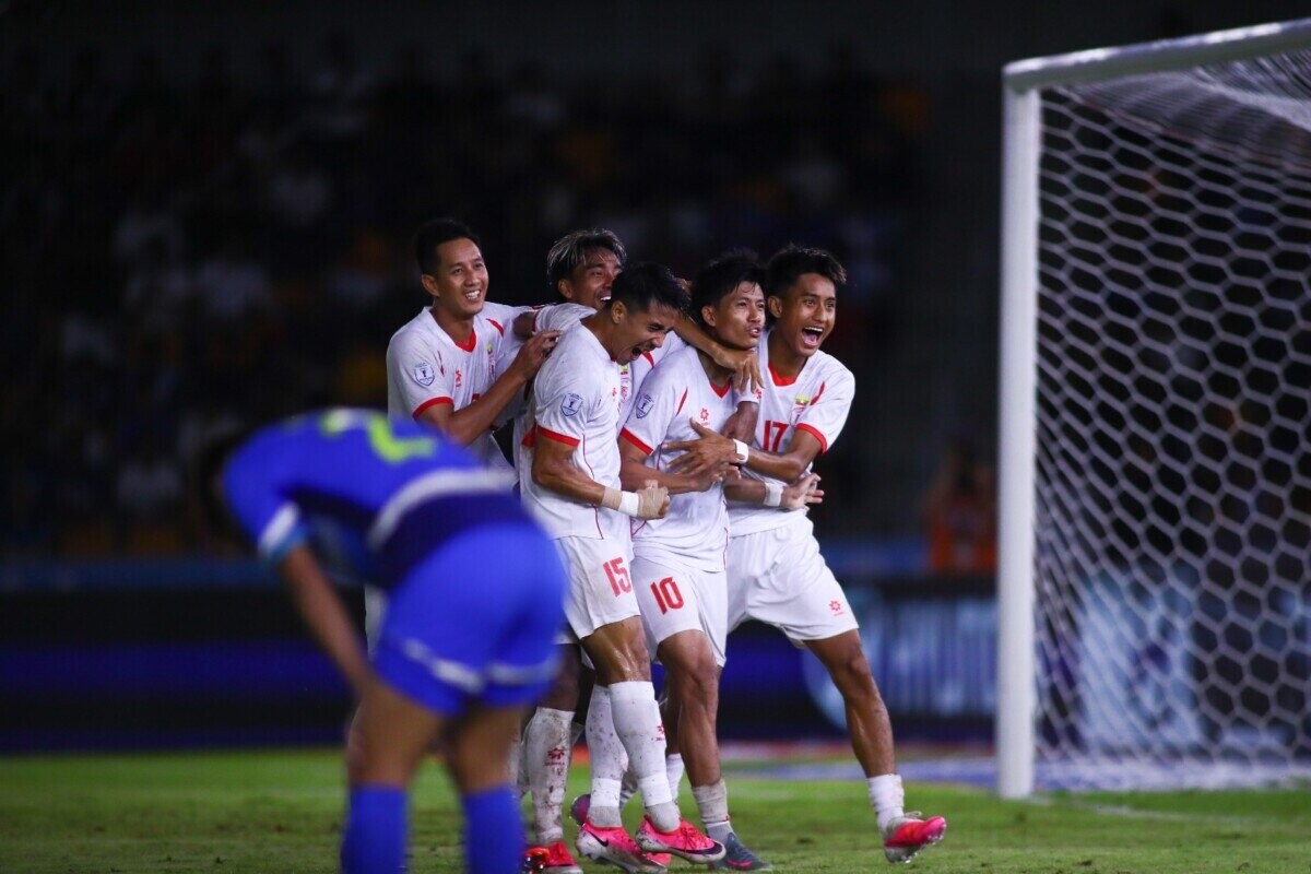 Myanmar players celebrate a goal against the Philippines at the ASEAN Hyundai Cup 2026