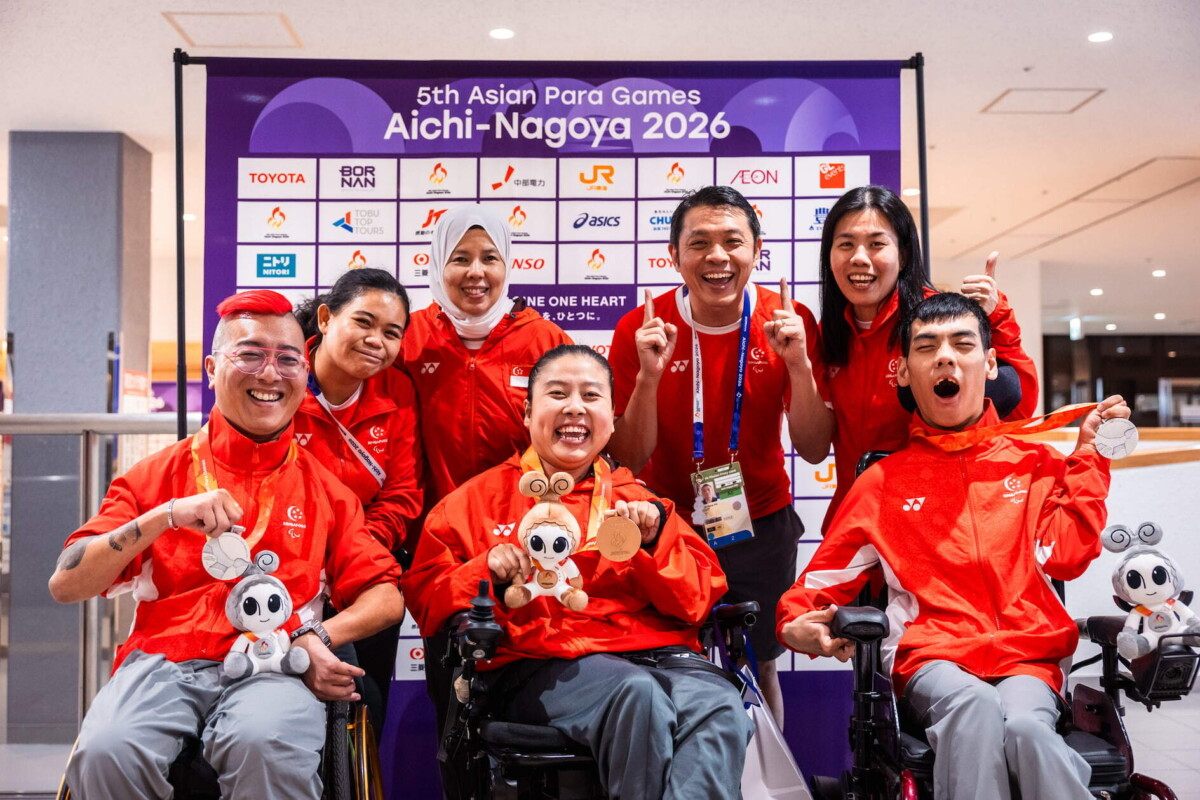 Singapore boccia medallists Jovin Tan, Jeralyn Tan and Aloysius Gan with coaches at the Asian Para Games in Nagoya