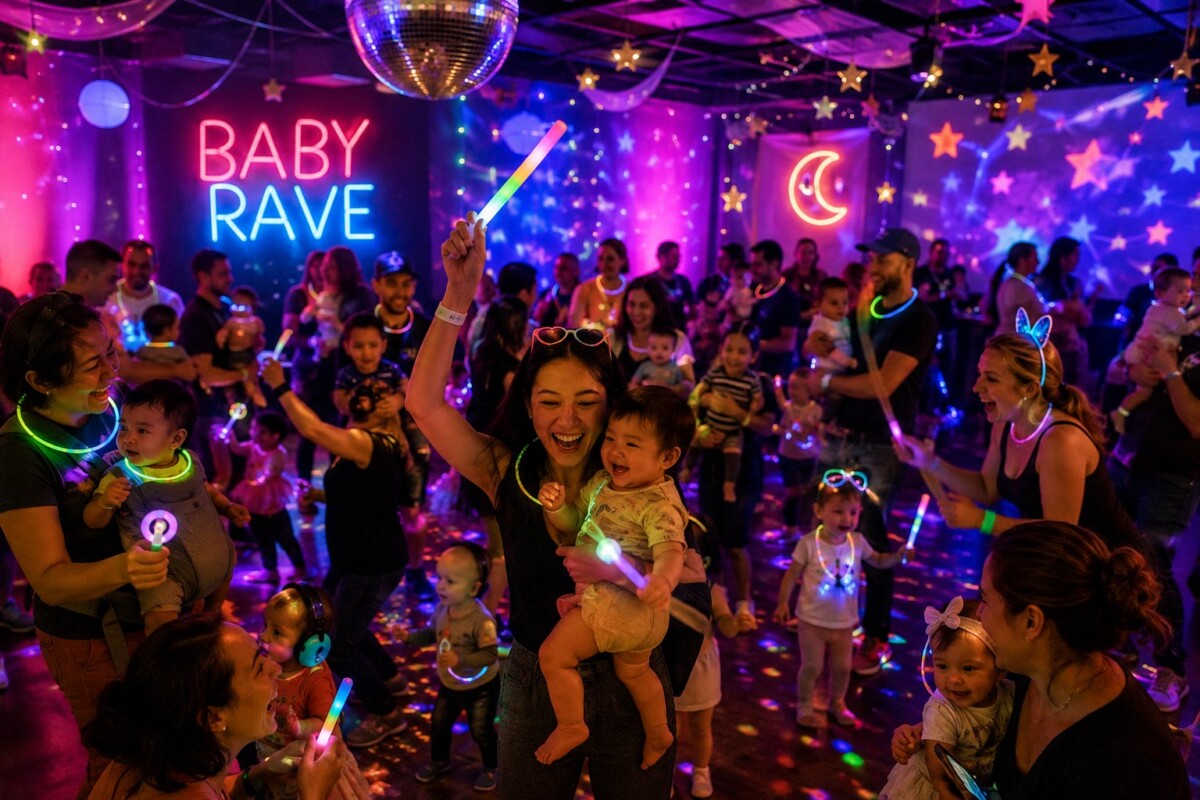 Parents and children dance together at a glow-in-the-dark Baby Rave event