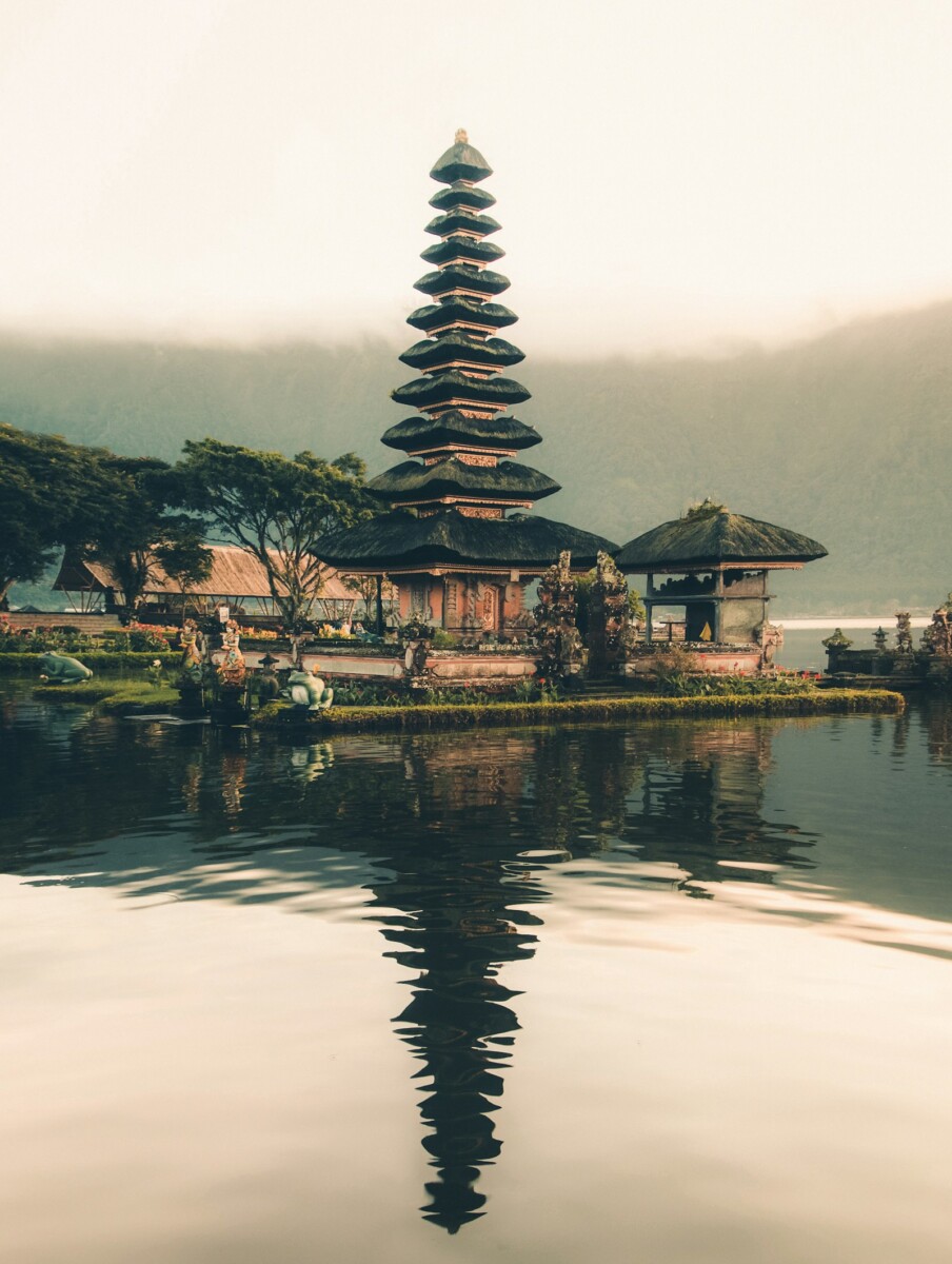 Pura Ulun Danu Beratan temple on Lake Bratan in Bali reflected in still water