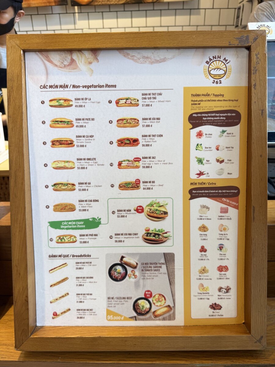 Banh Mi 362 menu showing 14 sandwich options plus deconstructed sets