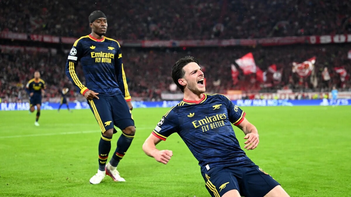 Declan Rice celebrates scoring Arsenal's second goal in the 2-2 draw with Bayern Munich at the Allianz Arena