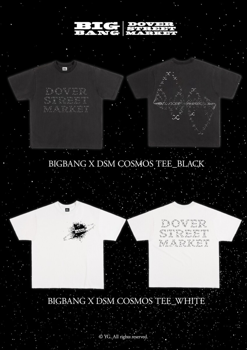 BIGBANG x DSM COSMOS T-shirts in black and white, shown front and back
