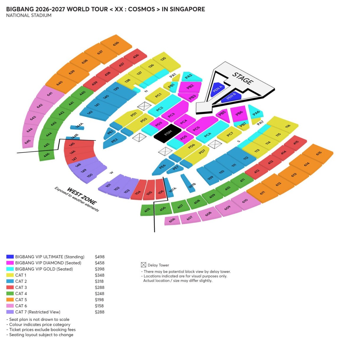 BIGBANG National Stadium seating plan with ten price categories from S$158 to S$498