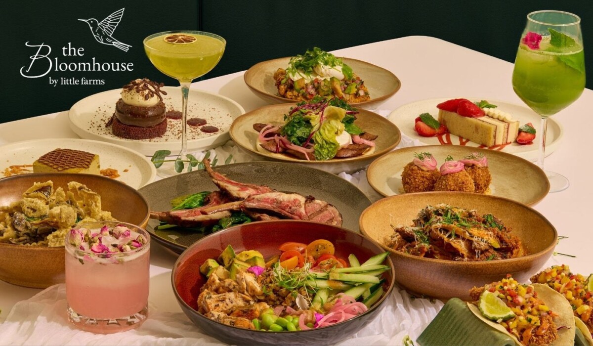 The Bloomhouse by Little Farms spread of bowls, pasta, salads and drinks at Botanic Gardens