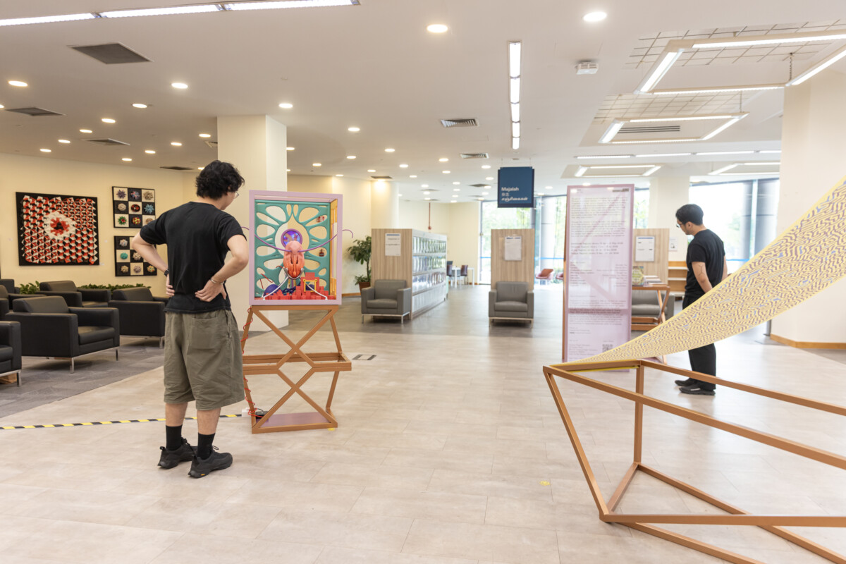 Detail view of Brandon Tay's ZAURAN sculpture at Woodlands Regional Library