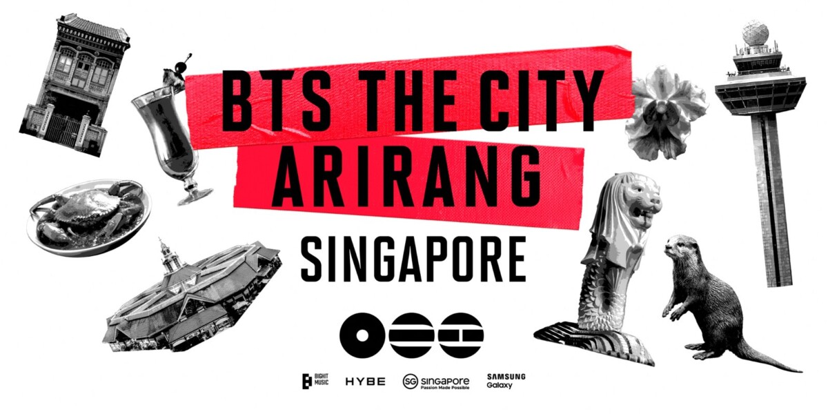BTS THE CITY ARIRANG Singapore key visual with Merlion, otter and Changi tower