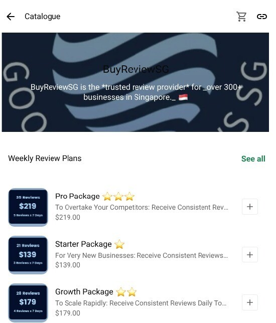 BuyReviewSG catalogue listing weekly fake review packages priced at S$139, S$179 and S$219