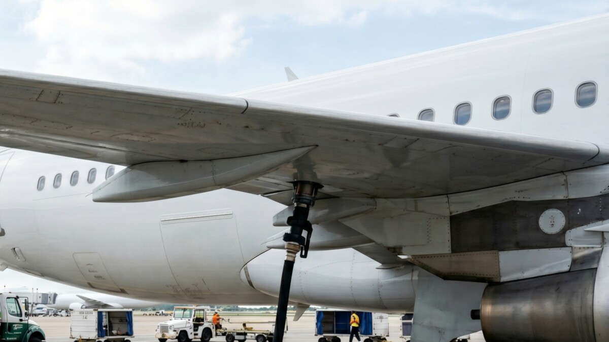 Aircraft being refuelled on the apron through a fuel hose under the wing