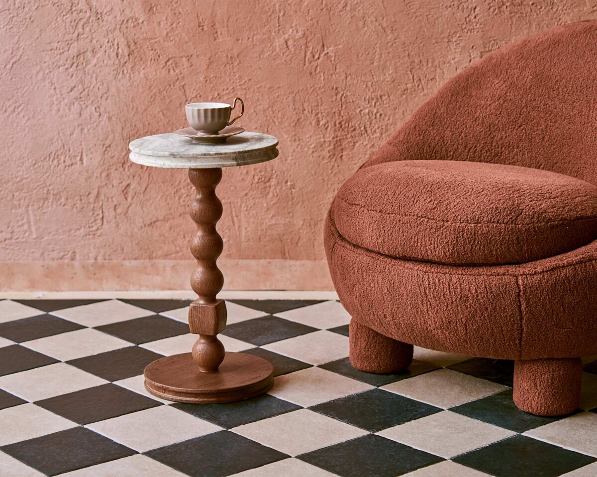 Tarin travertine drink table with sculptural pedestal from Castlery Tan France