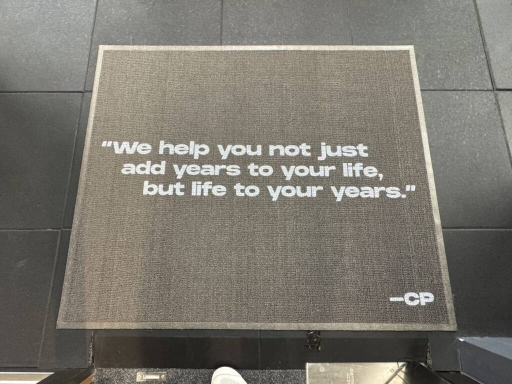 Floor mat at Catalyst Performance reading: We help you not just add years to your life, but life to your years