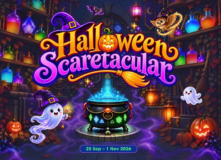 Halloween Scaretacular 2026 artwork with a cauldron, ghosts and potion shelves at Causeway Point