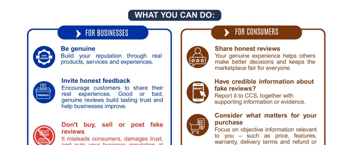 CCS infographic panel with advice on fake reviews for businesses and for consumers