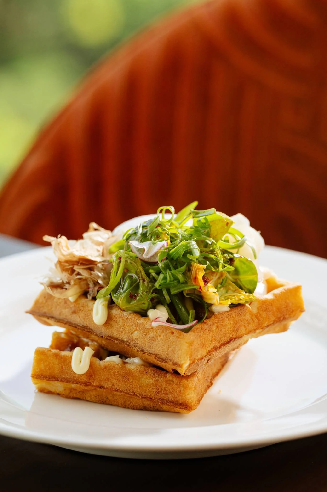 Harajuku Savoury Waffle topped with greens and bonito flakes at Centro