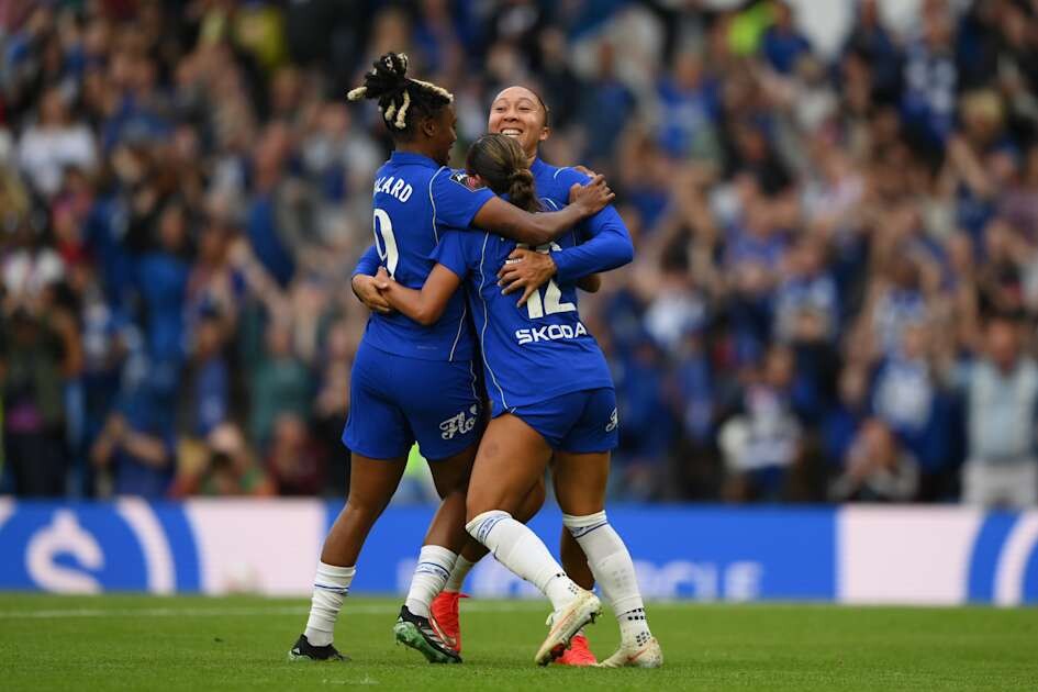 Chelsea players celebrate during their WSL win over Arsenal at Stamford Bridge