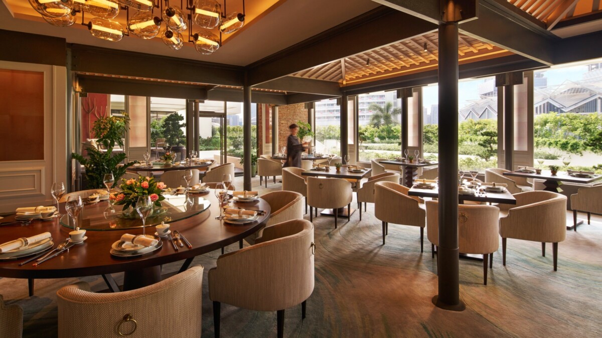 Dining room at Cherry Garden by Chef Fei with views over Marina Bay