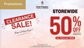 Hush Puppies clearance sale poster with storewide 50 per cent off regular-priced items