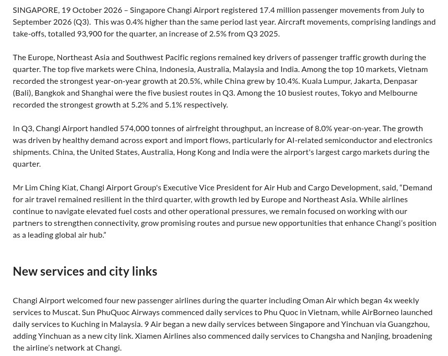 Changi Airport Group Q3 2026 operating indicators showing 17.4 million passenger movements