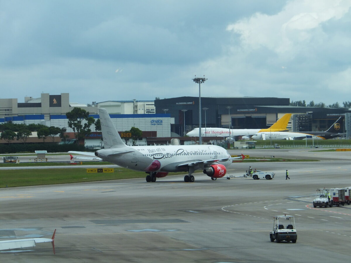 Aircraft on a remote apron stand at Singapore Changi Airport