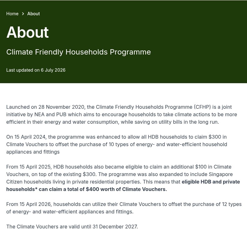 Climate Friendly Households Programme About page explaining the S$400 in Climate Vouchers