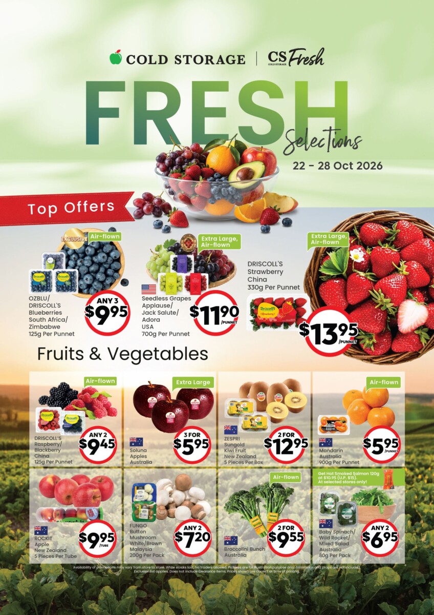 Cold Storage Fresh Selections flyer for 22 to 28 October 2026 with berries, grapes and kiwis