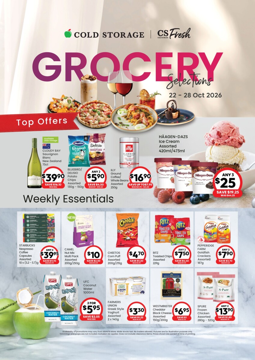 Cold Storage Grocery Selections flyer for 22 to 28 October 2026 with Häagen-Dazs and Cloudy Bay