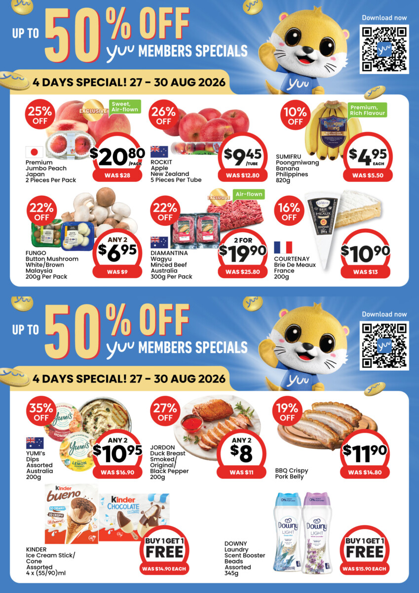 Cold Storage yuu Members Specials flyer for 27 to 30 August 2026, including Japanese Premium Jumbo peaches