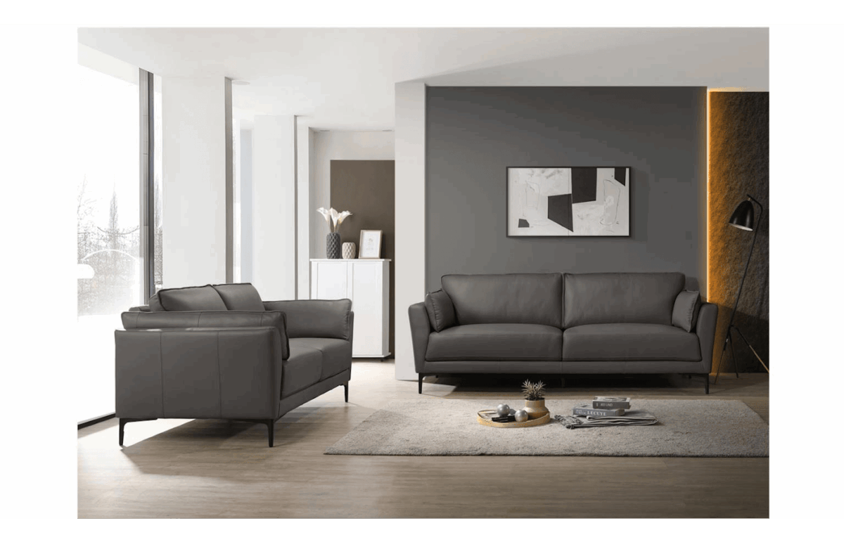 Collin full leather three-seater sofa in slate with black metal legs