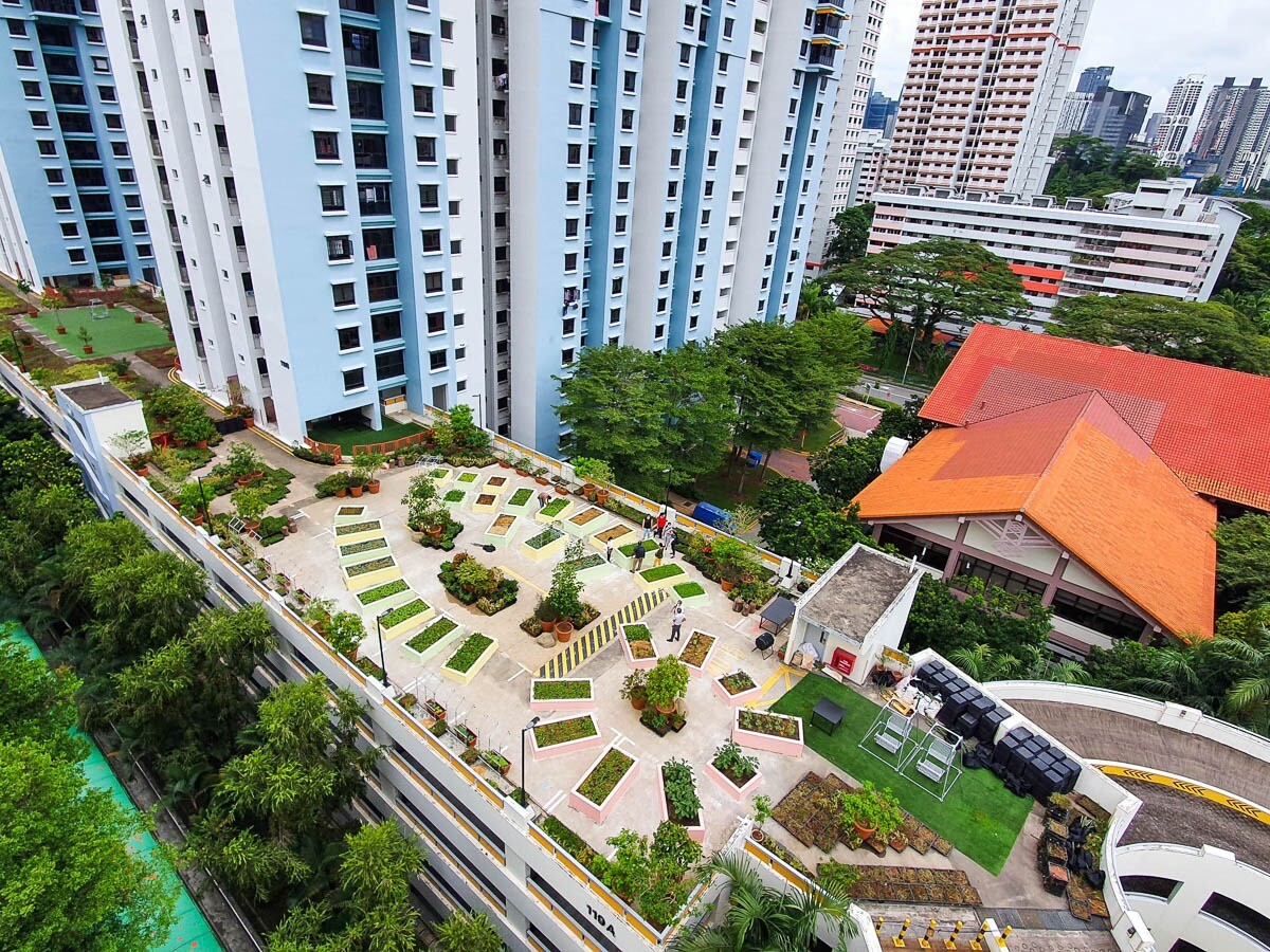 Aerial view of a rooftop community garden with HDB blocks in the background in Singapore